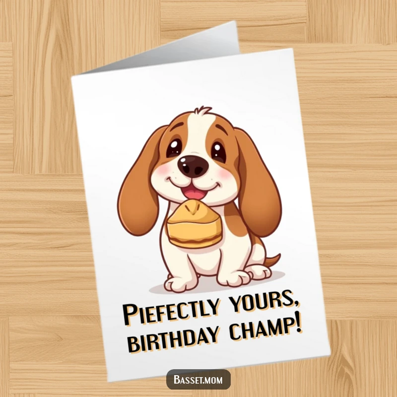 Funny Free Printable Birthday Card: A Basset Hound with a pie on its nose, looking delighted and ready for cake.