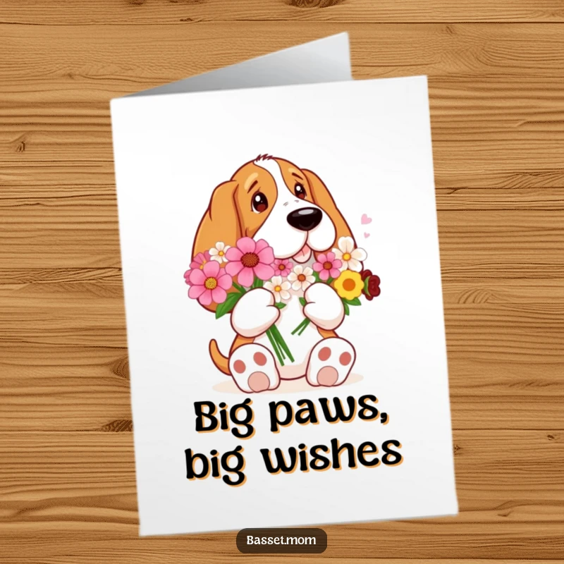 Funny Free Printable Birthday Card: A Basset Hound with comically big paws tenderly holds a beautiful bouquet of flowers.