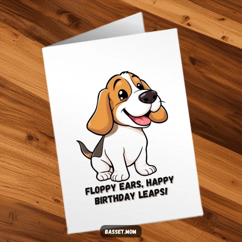 Funny Free Printable Birthday Card of a joyful basset hound with super floppy ears bouncing with pure birthday happiness.