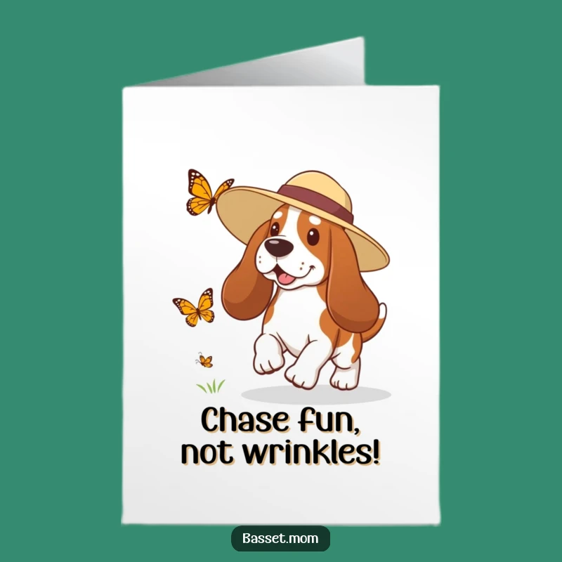 Free Printable Birthday Card: Sunny Basset Hound Butterfly Chase - Hilarious Fun!