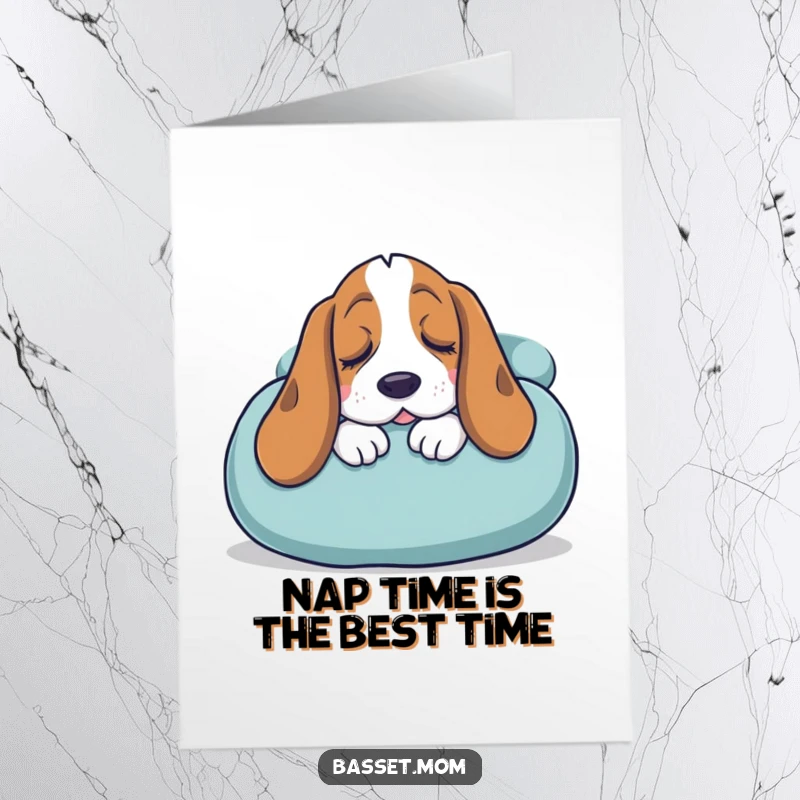 Funny Free Printable Birthday Card: A Basset Hound with heavy, sleepy eyes, blissfully snuggling into a massive, soft cushion.