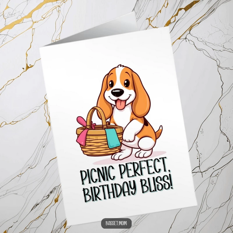 Funny Free Printable Birthday Card - A happy Basset Hound balancing a full picnic basket on its head.