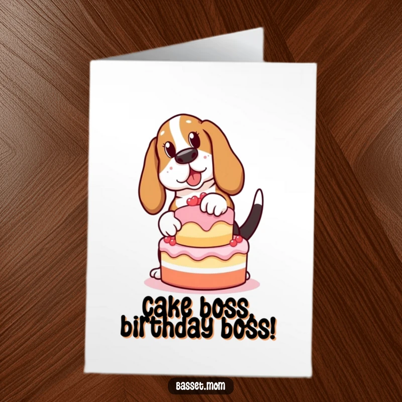 Funny Free Printable Birthday Card: A happy Basset Hound struggling to balance a birthday cake with a wagging tail.