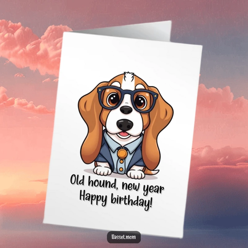 Funny Free Printable Birthday Card: A Basset Hound librarian peering over spectacles suggests a quiet, bookish celebration.
