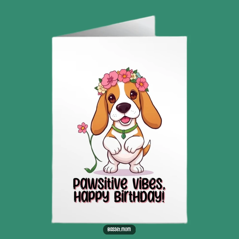 Free Printable Basset Hound Birthday Card: Floral Pup Prancing, Funny Downloadable Gift for Her