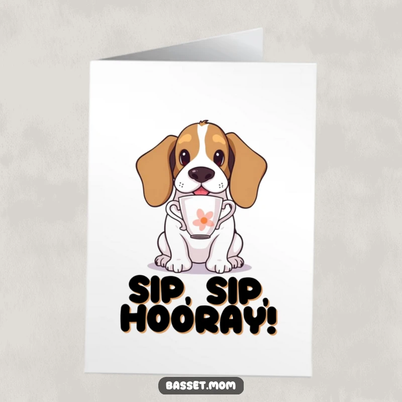 Funny Free Printable Birthday Card: A basset hound with a teacup perfectly balanced on its long, droopy nose.