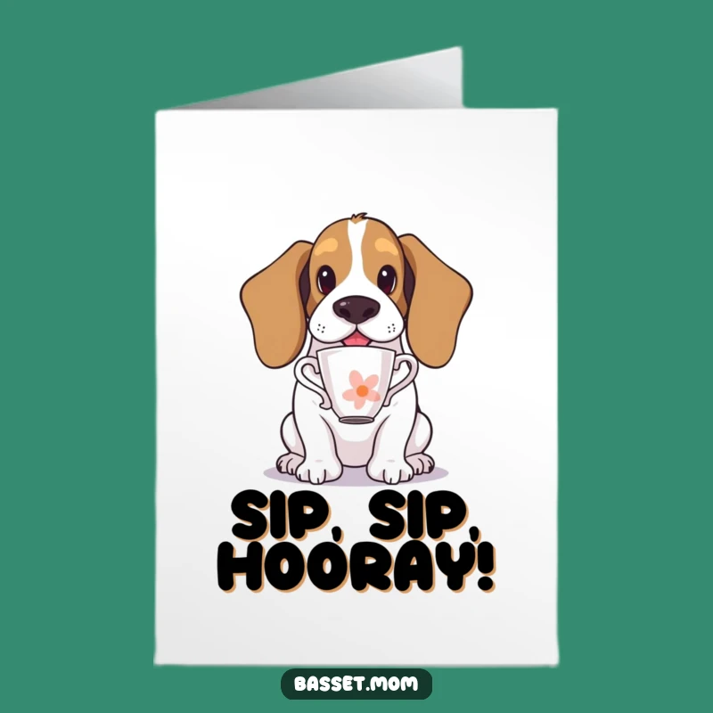 Free Printable Birthday Card: Basset Hound Teacup Balance, Funny Downloadable Gift