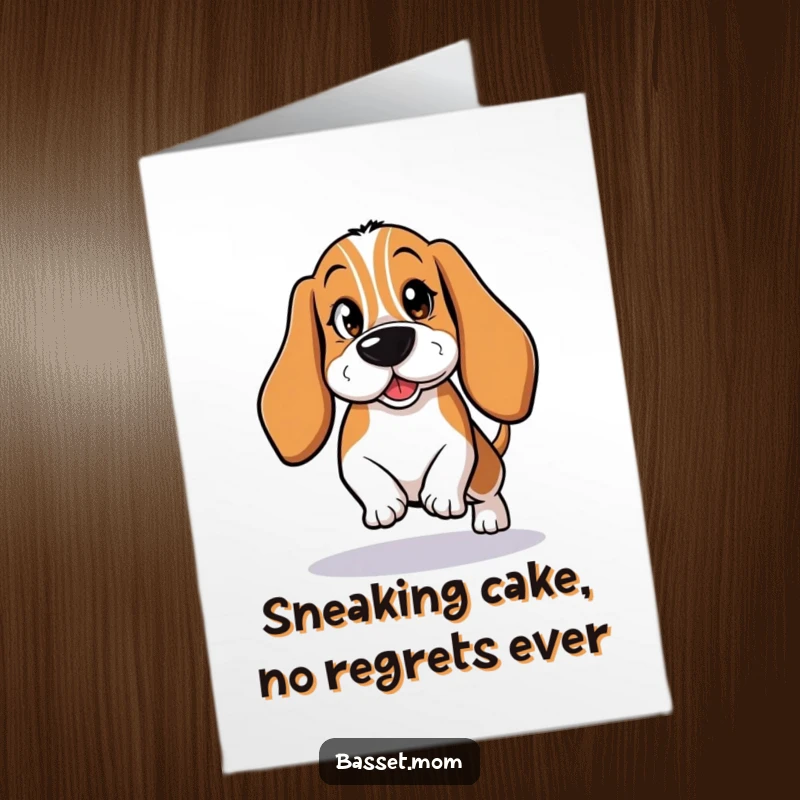 Funny Free Printable Birthday Card: Basset Hound tiptoeing with a secret, mischievous wink, ready to deliver birthday cheer.