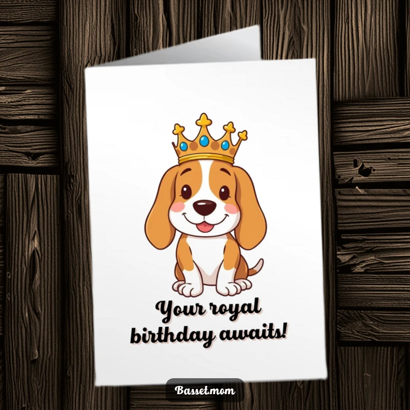 Funny Free Printable Birthday Card: A Basset Hound wearing a crown poses regally with a smile, celebrating a birthday in royal style.