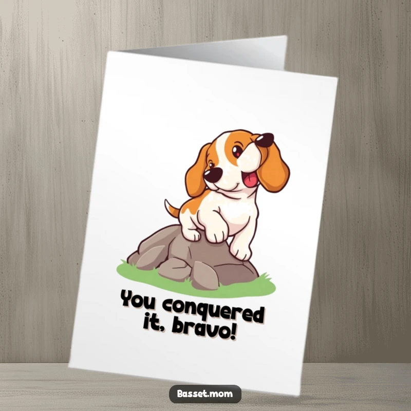 Funny Free Printable Congratulations Card: A determined Basset Hound triumphantly climbing a hill, perfect for celebrating wins.
