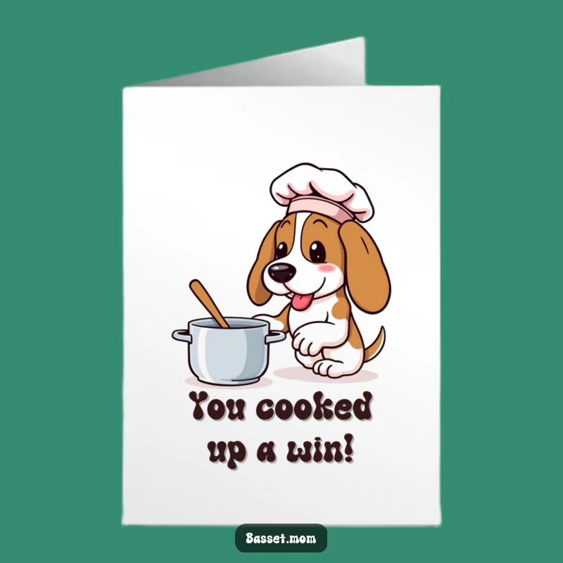 Free Printable Basset Card: Chef Basset Hound Celebrates Success - Downloadable