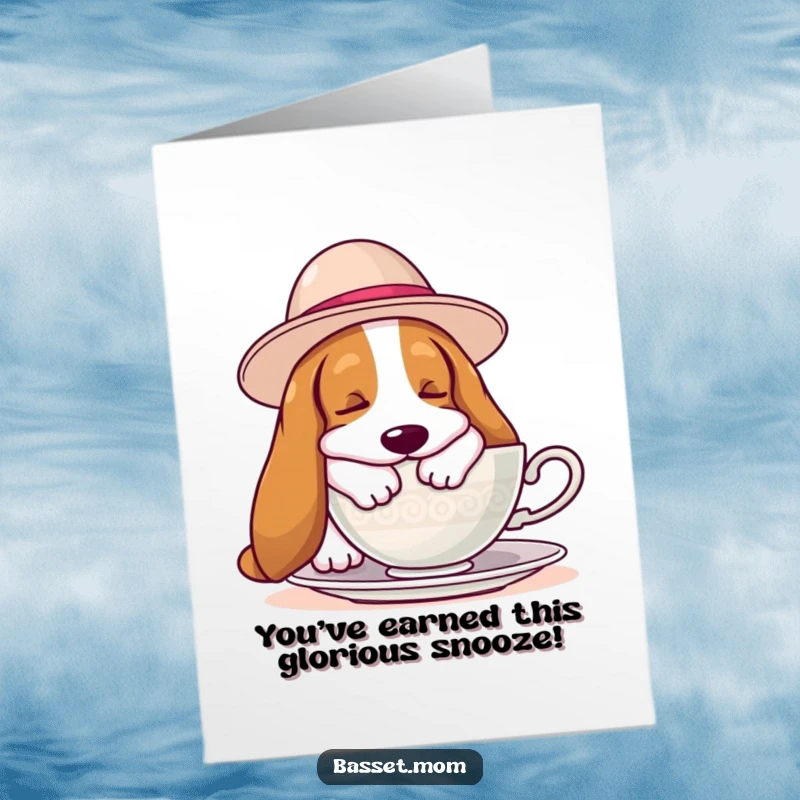 Funny Free Printable Congratulations Card: Basset Hound in a hat enjoying tea, a humorous greeting.