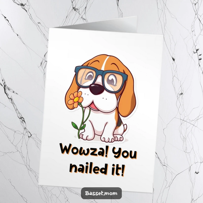 Funny Free Printable Congratulations Card: A Basset Hound in big glasses curiously sniffs a flower, celebrating an achievement.