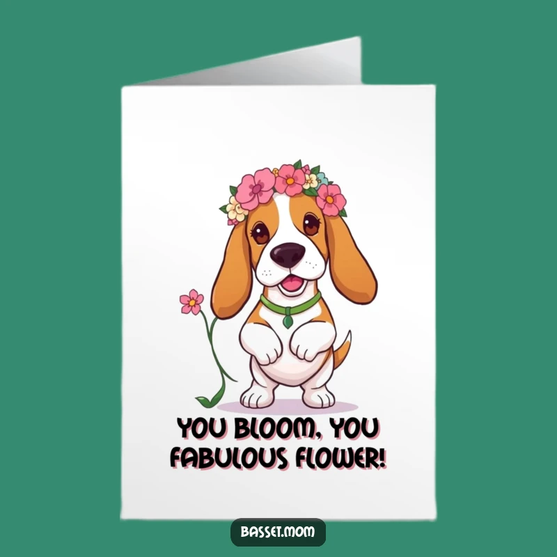 Free Printable Basset Hound Congratulations Card: Floral Pup Prancing, Funny Downloadable Surprise
