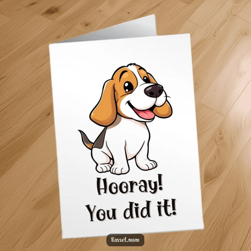 Funny Free Printable Congratulations Card: An energetic basset hound with floppy ears joyfully bouncing to celebrate a big achievement.