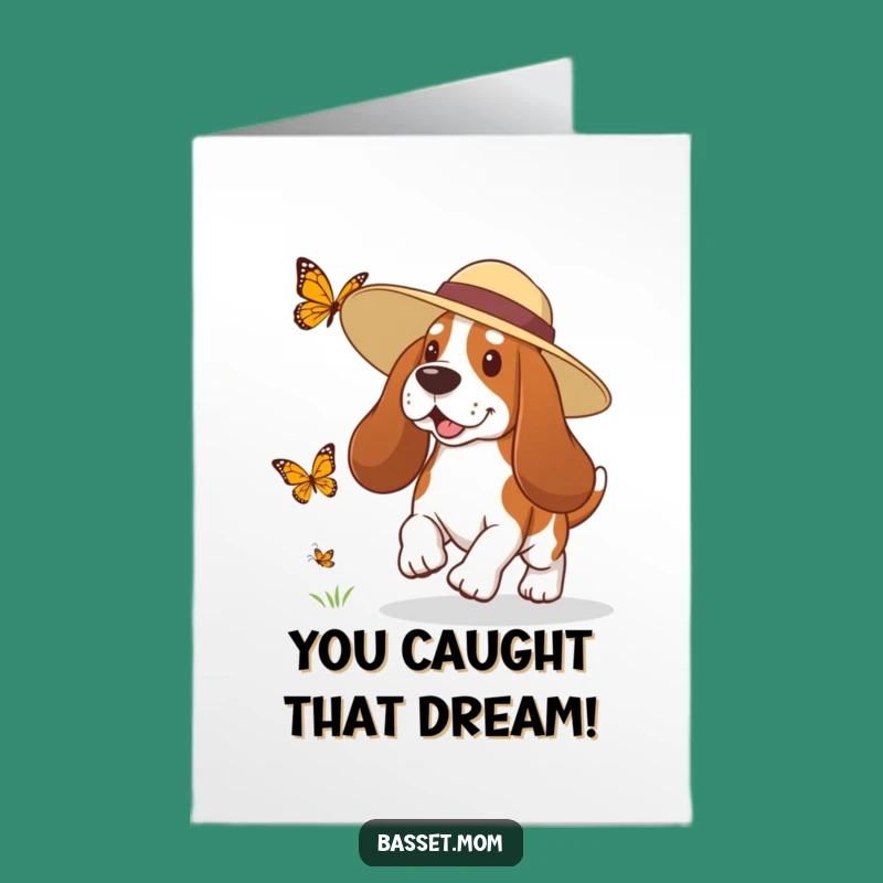 Free Printable Congrats Card: Basset Hound Butterfly Chase - Celebrate Joyfully!