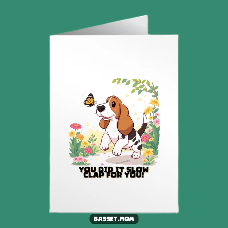 Free Printable Congrats Card: Basset Hound Chasing Butterfly, Funny Downloadable!