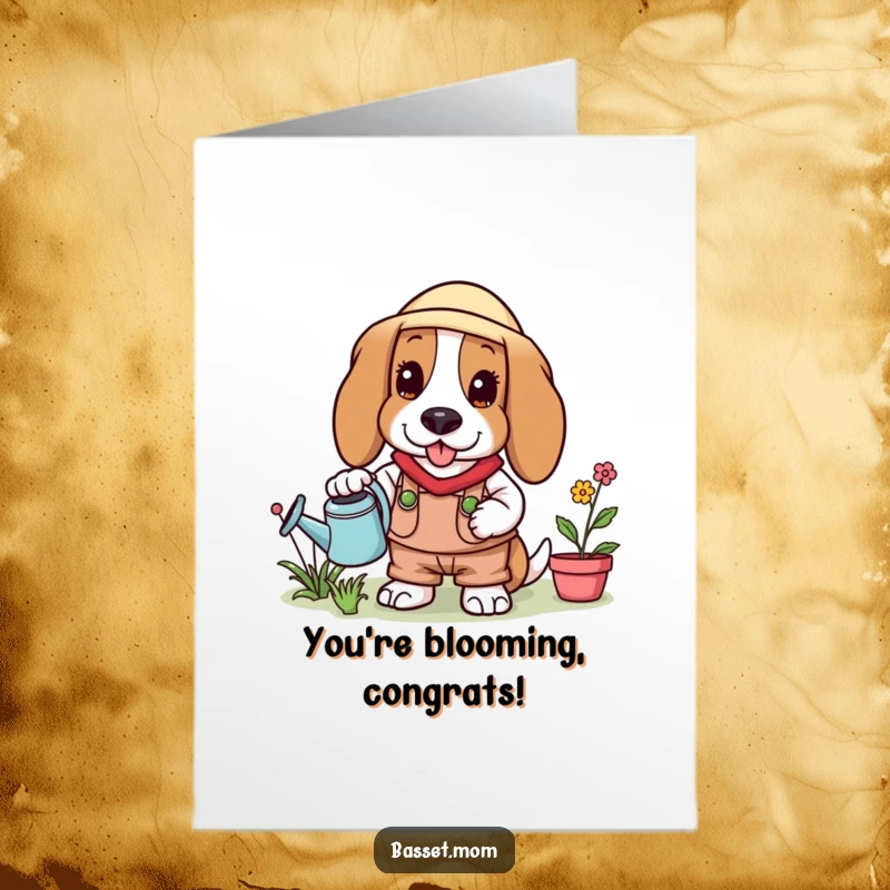 Funny Free Printable Congrats Card: Basset Hound in gardening outfit proudly holding a watering can.