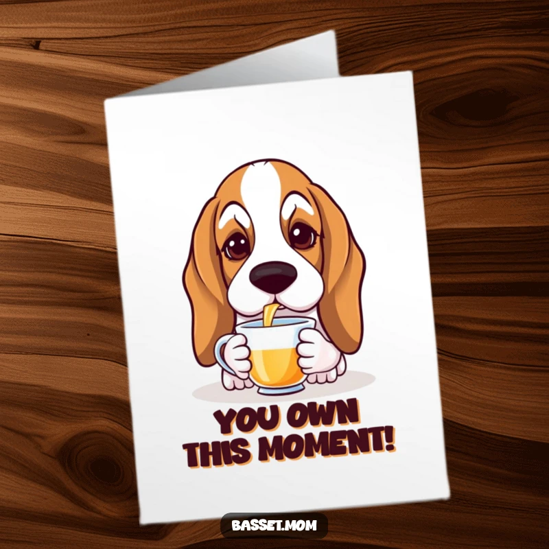 Funny Free Printable Congrats Card: A Basset Hound with deep, soulful eyes gracefully sipping tea from a teacup.