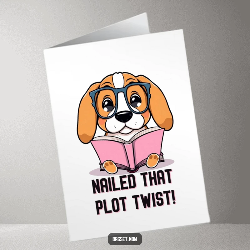 Funny Free Printable Congrats Card: A Basset Hound with spectacles engrossed in reading a book.