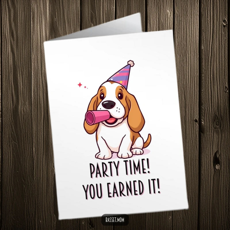 Funny Free Printable Congratulations Card: A Basset Hound in a party hat blowing a noisemaker, ready to party.