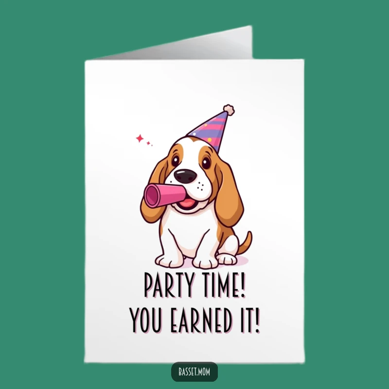 Free Printable Congrats Card: Festive Basset Hound Party Animal Downloadable Greeting