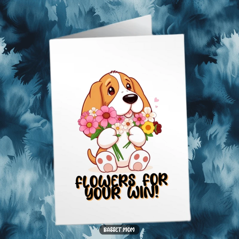 Funny Free Printable Congratulations Card: A Basset Hound with large paws presents a vibrant bouquet of flowers to celebrate.