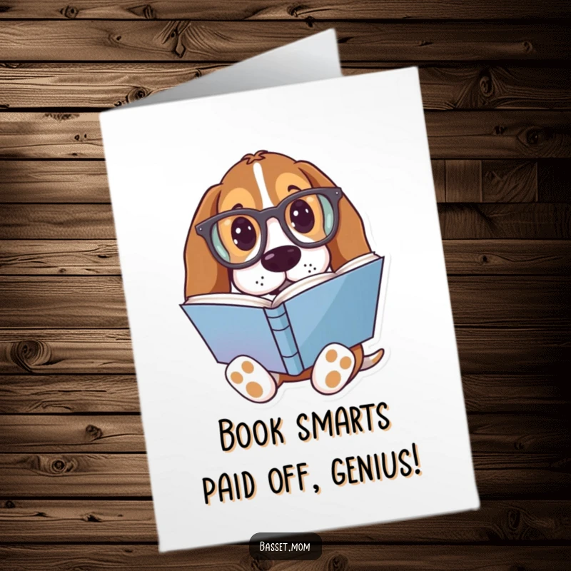 Funny Free Printable Congratulations Card: A Basset Hound with big glasses reading a book, embodying wisdom and congratulations.