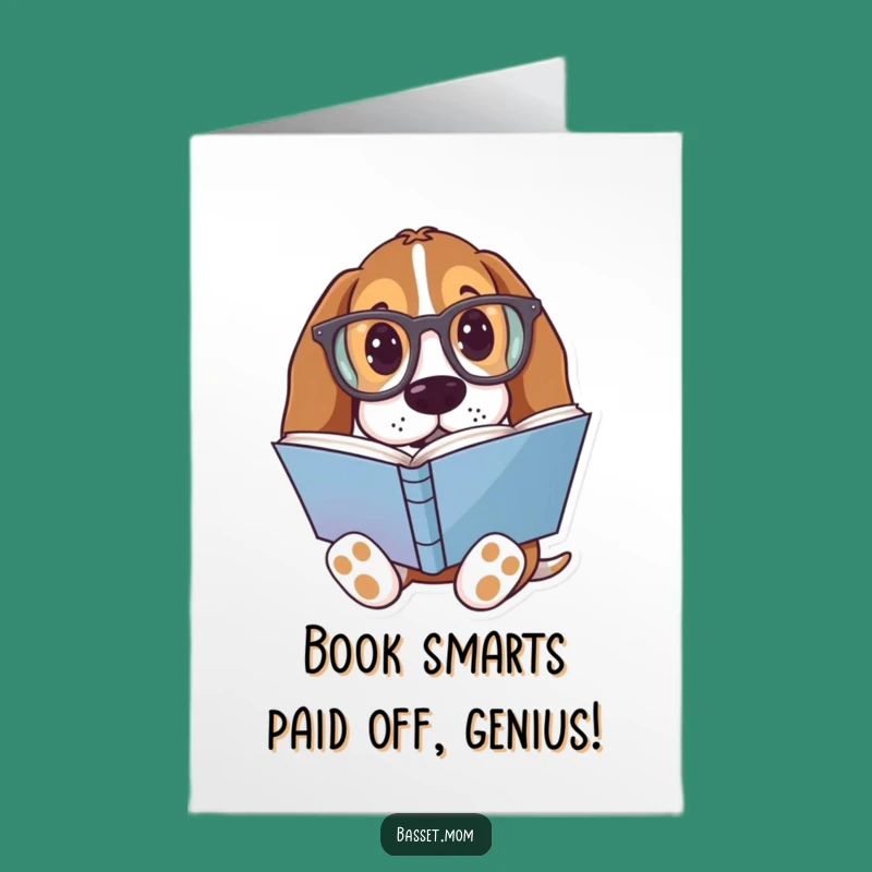 Free Printable Congrats Card: Smart Basset Hound Bookworm Downloadable Greeting