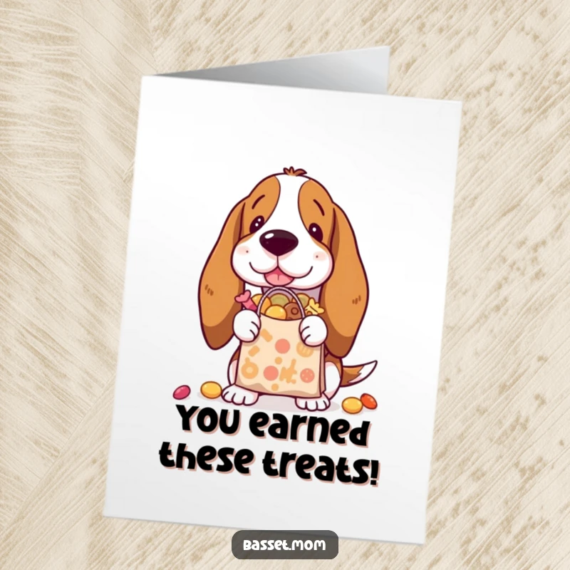 Funny Free Printable Congrats Card: Basset Hound jubilantly holding a shopping bag full of treats.