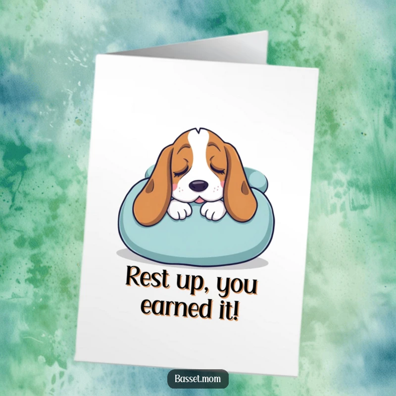 Funny Free Printable Congratulations Card: A Basset Hound with drowsy eyes, sinking contentedly into an oversized cushion.