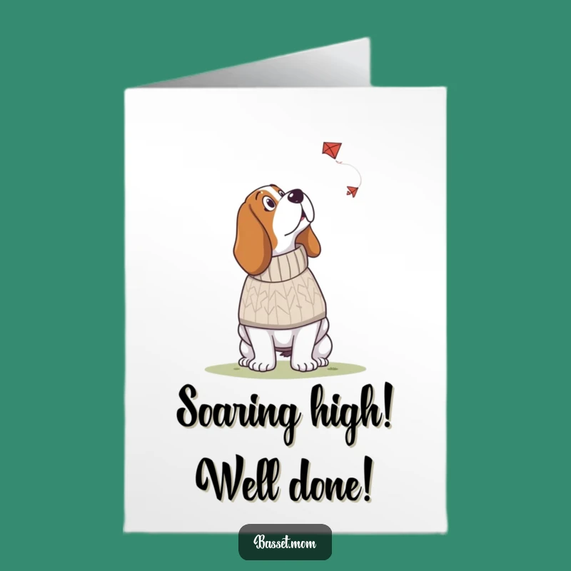 Free Printable Funny Basset Hound Congrats Card: Sweater Pup & Kite Downloadable Gift