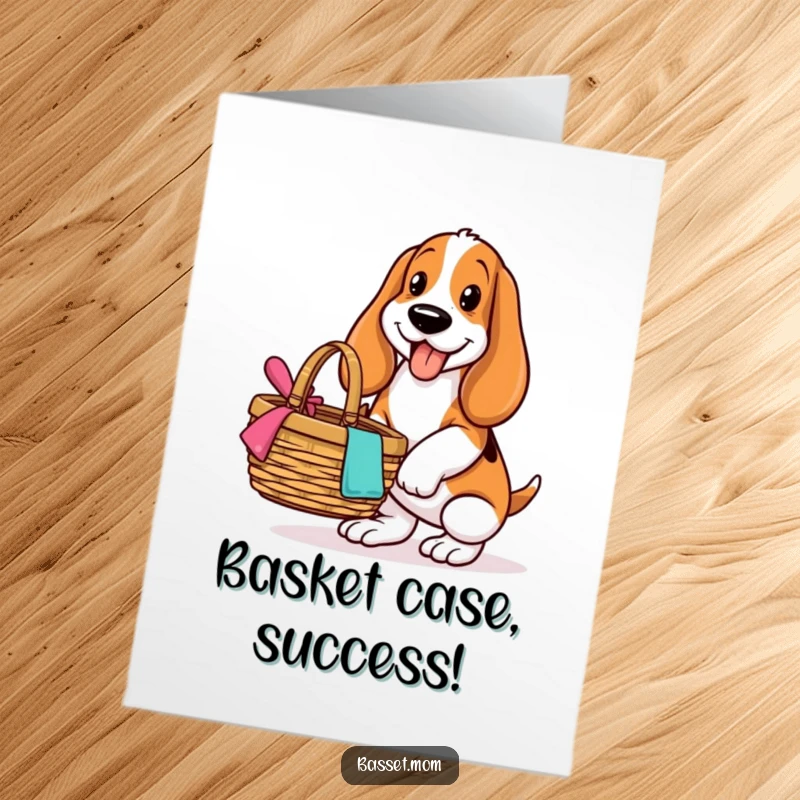 Funny Free Printable Congratulations Card - A Basset Hound with a huge smile, perfectly balancing a picnic basket.