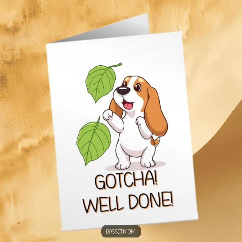 Funny Free Printable Congratulations Card - A Basset Hound playfully chasing an oversized falling leaf, full of excitement.
