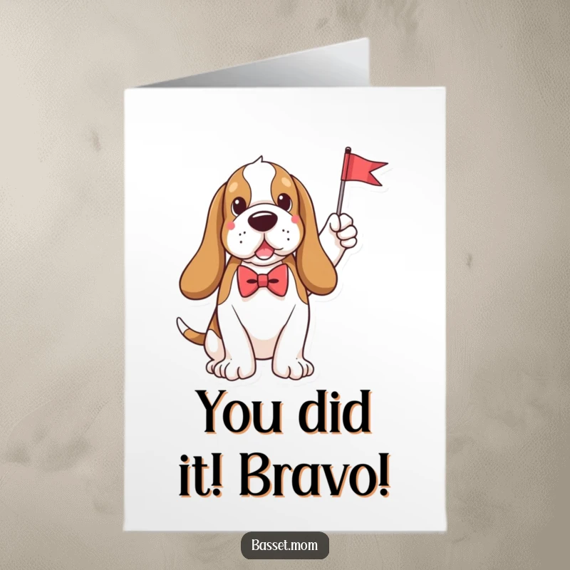 Funny Free Printable Congratulations Card: A charming Basset Hound in a bow tie waves a small flag, celebrating your achievement.