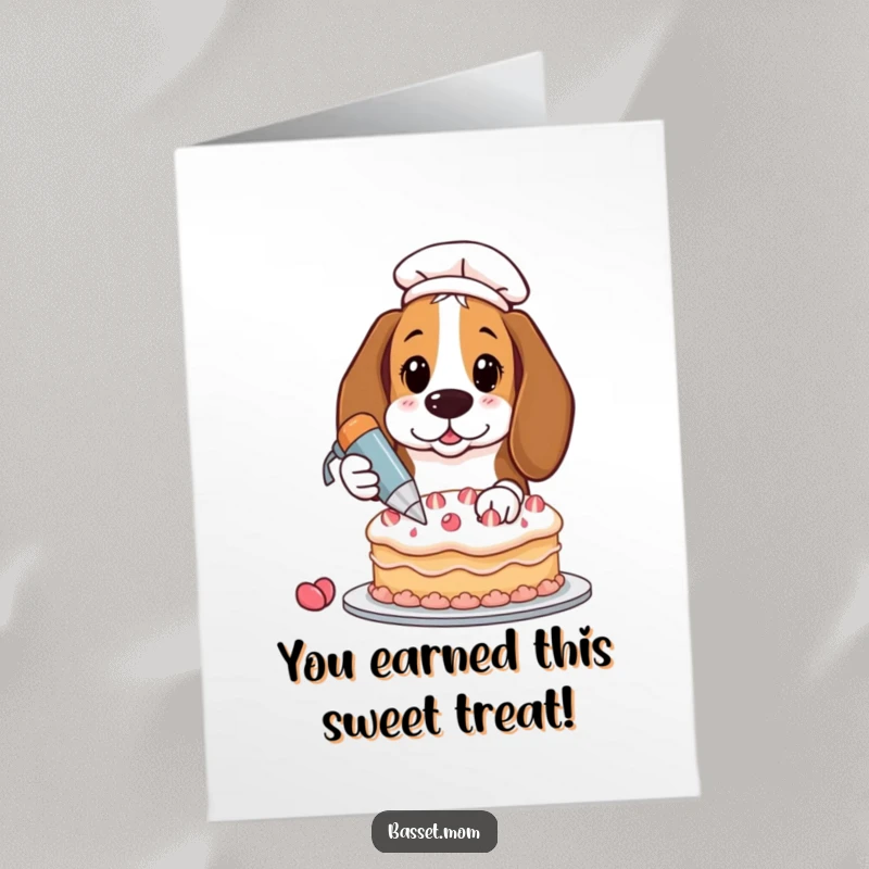 Funny Free Printable Congrats Card: Basset Hound with pastry bag frosting a cake, a DIY gift idea.