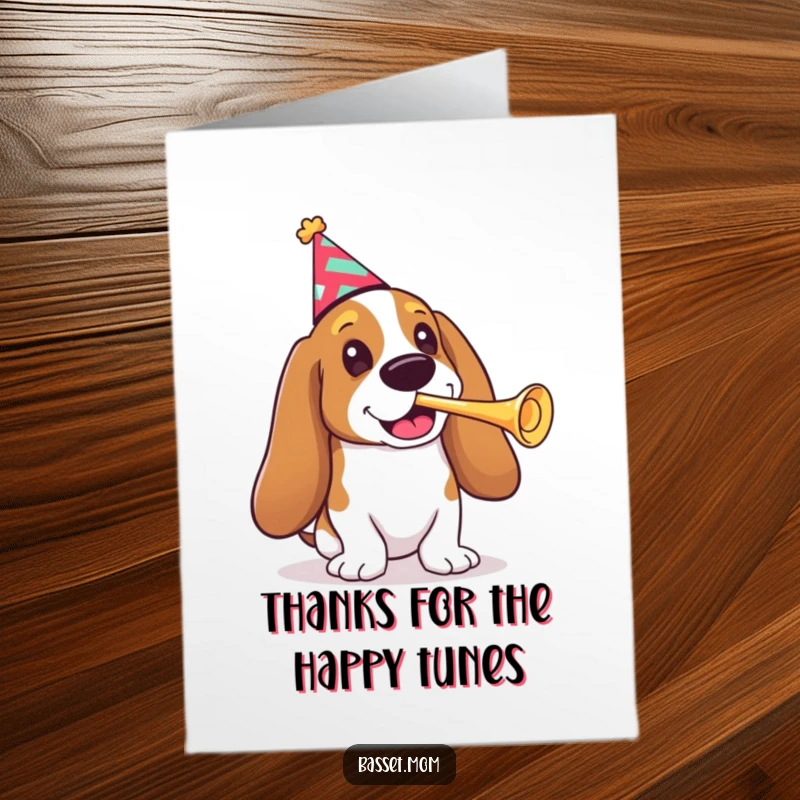 Funny Free Printable Thank You Card: Basset hound in party hat, blowing tiny trumpet, cheerful downloadable message.