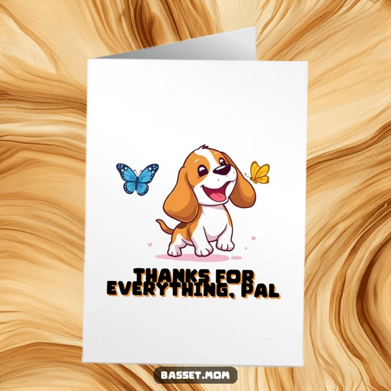 Funny Free Printable Thank You Card with a Basset Hound with droopy ears enthusiastically chasing a butterfly, a charming DIY present.