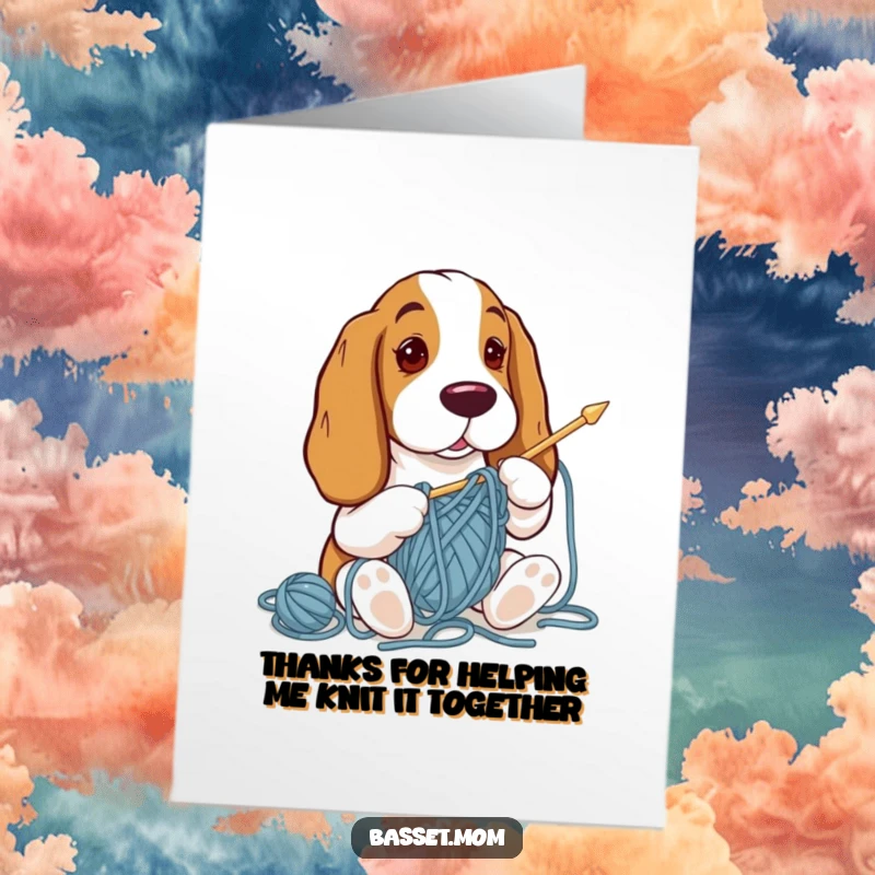 Funny Free Printable Thank You Card: Basset Hound gifting a ball of yarn.