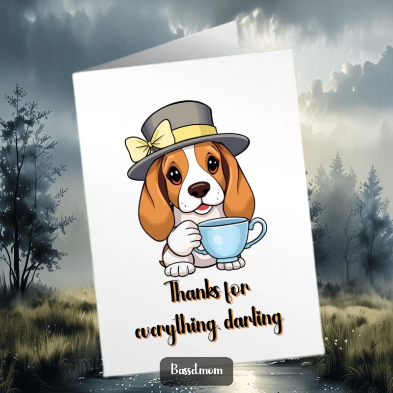 Funny Free Printable Thank You Card: Basset Hound in a fancy hat offering a teacup.