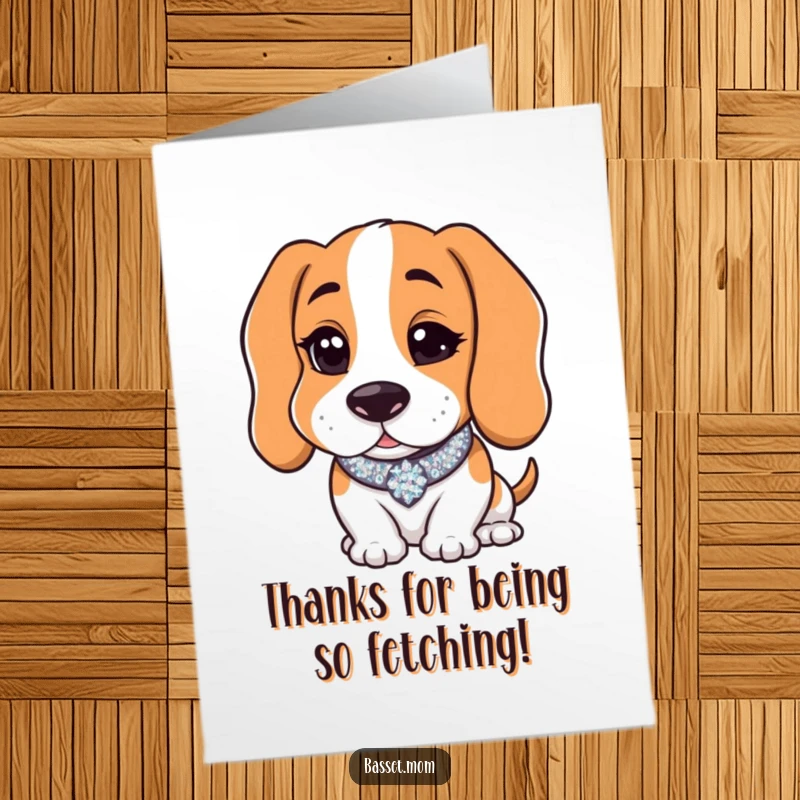 Funny Free Printable Thank You Card: Basset Hound wearing a sparkly collar, giving a charming wink, expressing thanks.