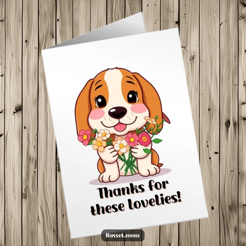 Funny Free Printable Thank You Card: A Basset Hound with rosy cheeks, holding out a bouquet of flowers as a thank you.