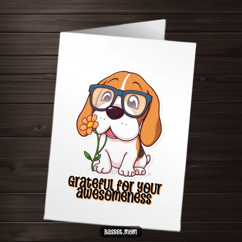 Funny Free Printable Thank You Card: A Basset Hound wearing huge glasses curiously sniffs a flower, expressing thanks delightfully.