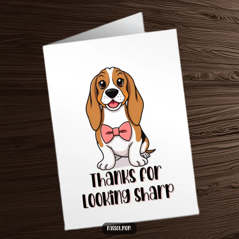 Funny Free Printable Thank You Card - A Basset Hound wearing a small bowtie, posing proudly to express thanks.