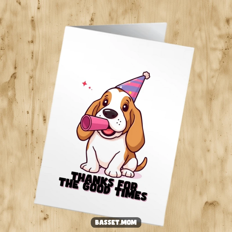 Funny Free Printable Thank You Card: A Basset Hound wearing a party hat blows a noisemaker, expressing thanks cheerfully.
