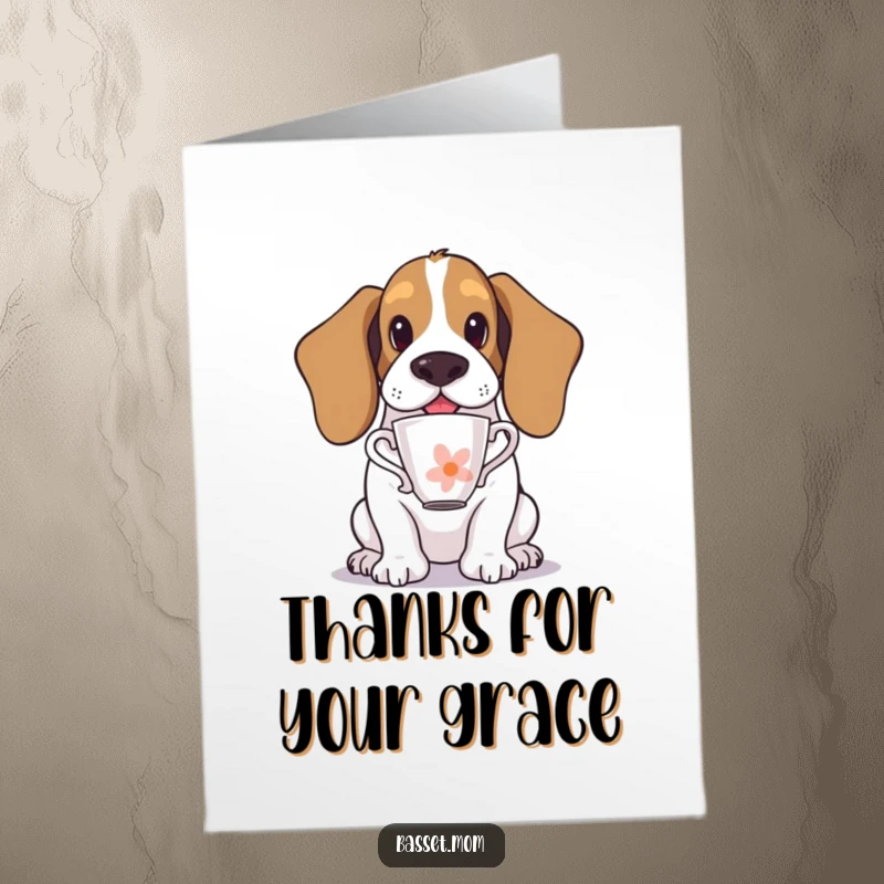 Funny Free Printable Thank You Card: A basset hound with incredible focus balancing a fine teacup on its nose.