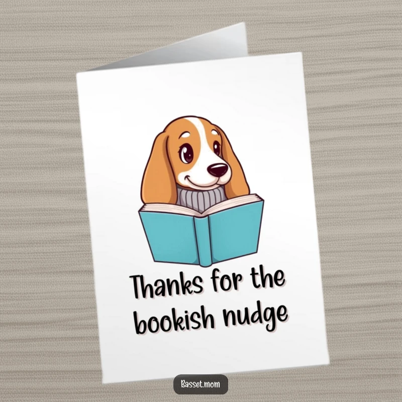 Funny Free Printable Thank You Card: Basset hound in sweater, peeking from book, cozy downloadable message.