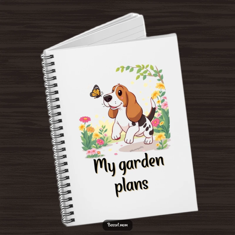 Funny Basset Hound Notebook: A dog happily chases a butterfly in a garden, ideal for notes.