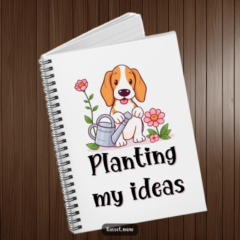 Funny Basset Hound notebook, a dog with a small watering can, tending to a large flower, perfect for note-taking.