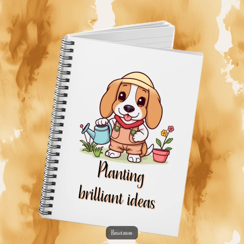Funny Basset Hound gardener notebook featuring a dog with a watering can, perfect for jotting down plant care notes.